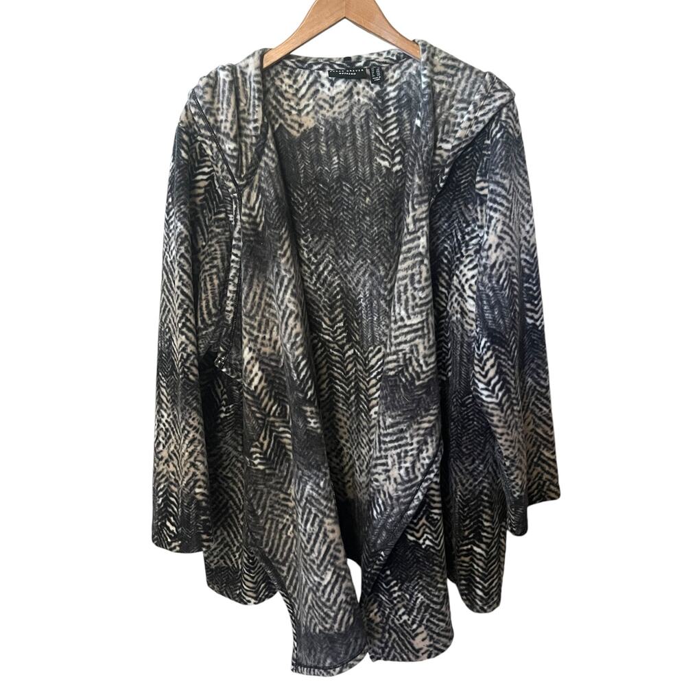 Susan Graver Weekend Cardigan Black Open Front Herringbone Hooded Fleece 2X